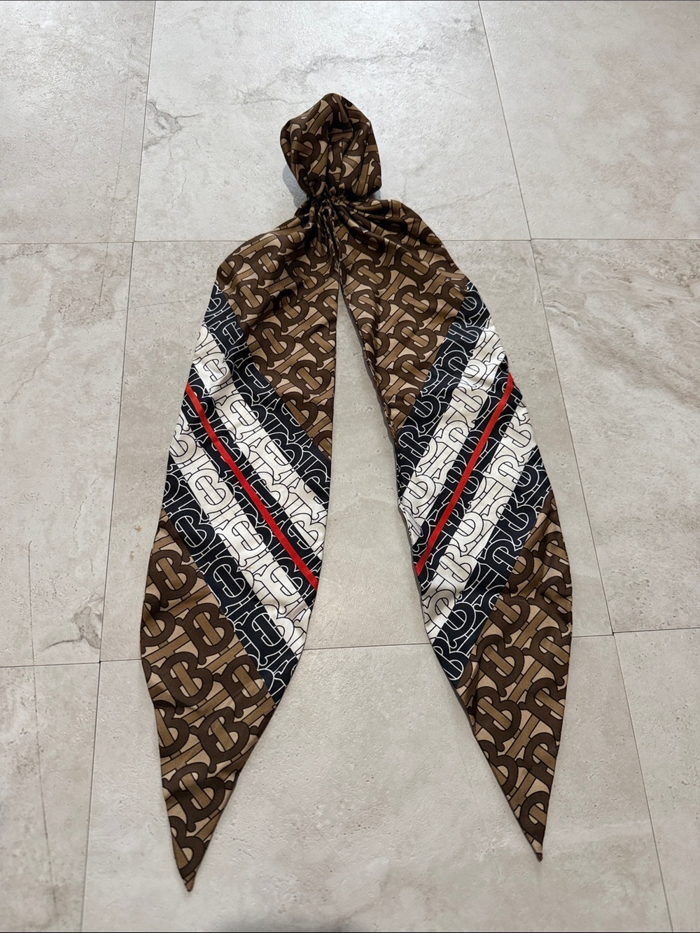 Burberry Brown Monogram Hair Scarf with Black, White and Red Stripes